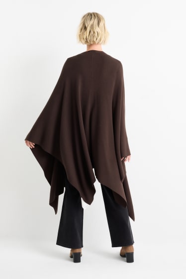 Women - Knitted poncho - dark brown