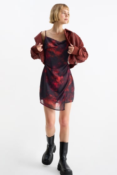 Damen - Drapiertes Kleid - gemustert - schwarz