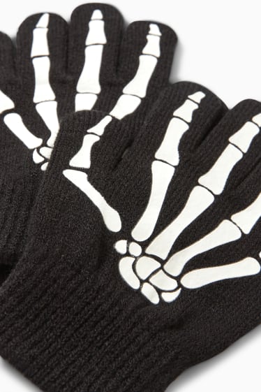 Children Boys - Halloween - skeleton - knitted gloves - glow-in-the-dark - black
