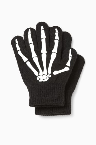 Children Boys - Halloween - skeleton - knitted gloves - glow-in-the-dark - black