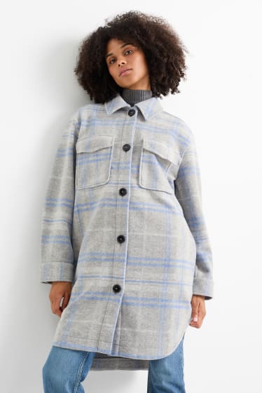 Dames - Mantel - geruit - lichtgrijs