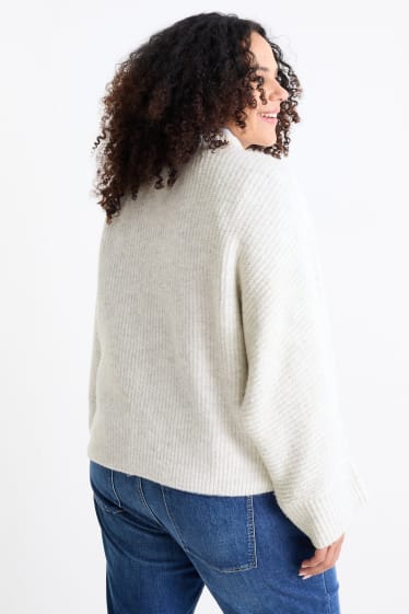 Kobiety - Sweter z dekoltem w serek - prążki - jasnoszary