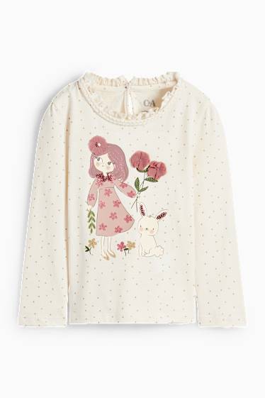 Kinder Mädchen - Blumenmädchen und Hase - Langarmshirt - gepunktet - cremeweiss