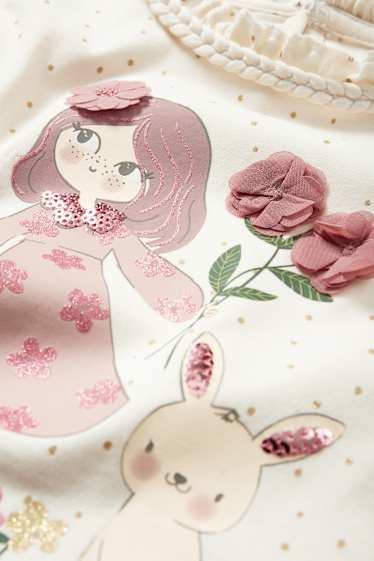 Kinder Mädchen - Blumenmädchen und Hase - Langarmshirt - gepunktet - cremeweiss