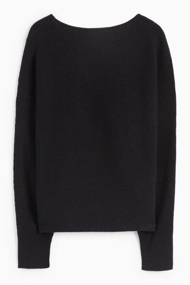 Damen - Pullover mit V-Ausschnitt - gerippt - schwarz