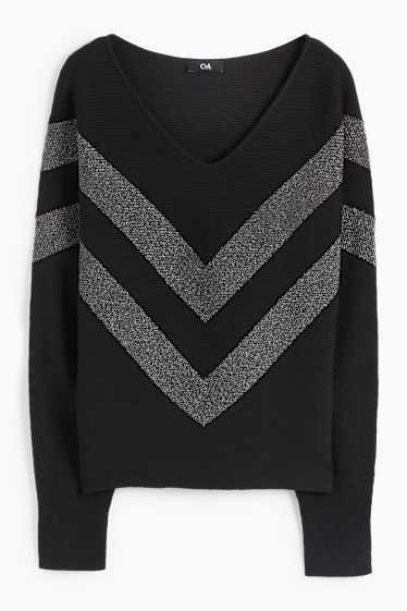 Damen - Pullover mit V-Ausschnitt - gerippt - schwarz