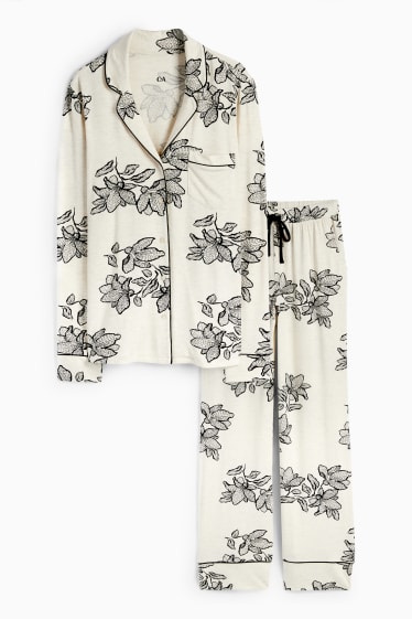 Femmes - Pyjama en viscose - à fleurs - beige clair