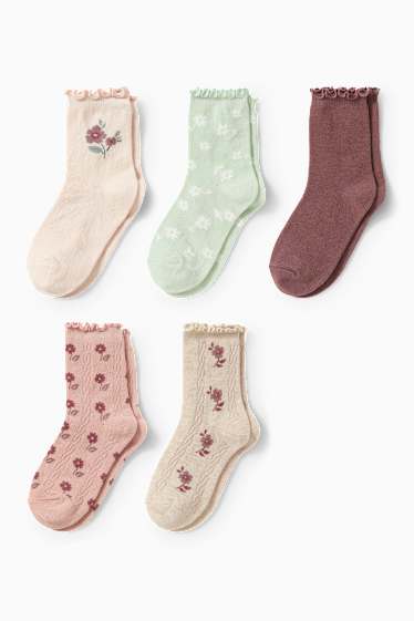 Niñas - Pack de 5 - flores - calcetines con dibujo - rosa