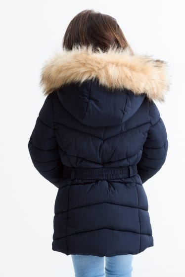 Bambine - Cappotto trapuntato con cappuccio, riporto di ecopelliccia e cintura - blu scuro