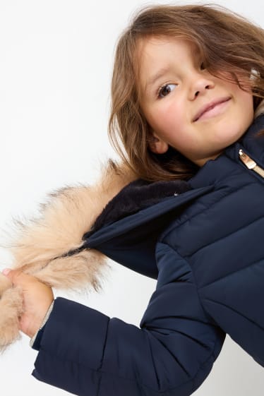Bambine - Cappotto trapuntato con cappuccio, riporto di ecopelliccia e cintura - blu scuro