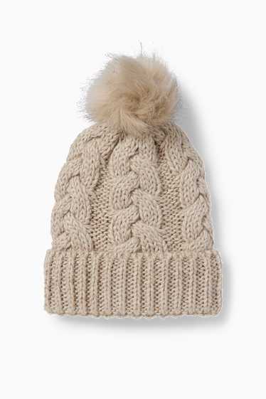 Dames - Muts met pompon - kabelpatroon - licht beige