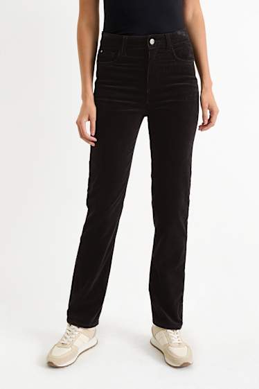 Femmes - Pantalon en velours côtelé - high waist - straight fit - noir