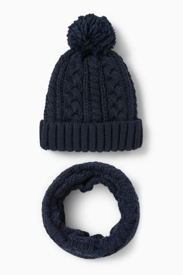 Kinderen: jongens - Set - muts met pompon en colsjaal - 2-delig - kabelpatroon - donkerblauw