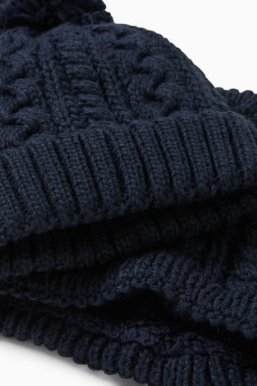 Kinderen: jongens - Set - muts met pompon en colsjaal - 2-delig - kabelpatroon - donkerblauw
