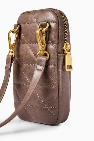Women - Phone bag with detachable bag strap - faux leather - brown