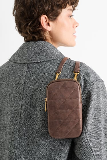 Women - Phone bag with detachable bag strap - faux leather - brown
