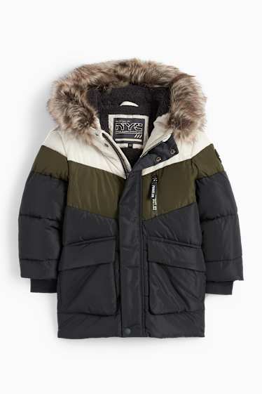 Bambini - Giacca trapuntata con cappuccio e inserto in pelo - impermeabile - blu scuro