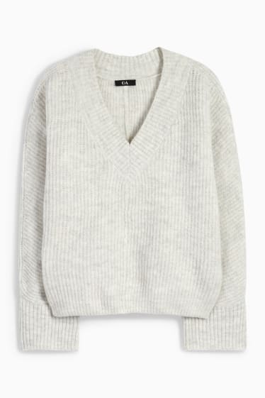 Femmes - Pull à col V - côtelé - gris clair