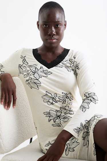Femmes - Chemise de nuit en viscose - à fleurs - beige clair