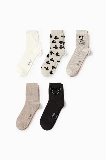 Femmes - Lot de 5 paires - Mickey Mouse - chaussettes à motif - beige clair