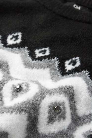 Damen - Pullover mit Strasssteinen - gemustert - schwarz / weiß