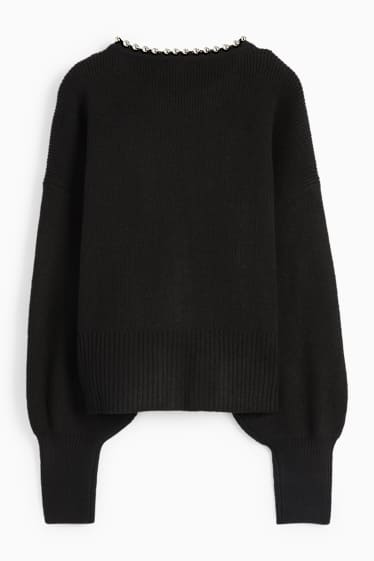 Women - Cardigan - ribbed - black