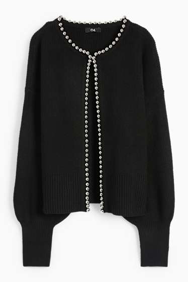 Women - Cardigan - ribbed - black