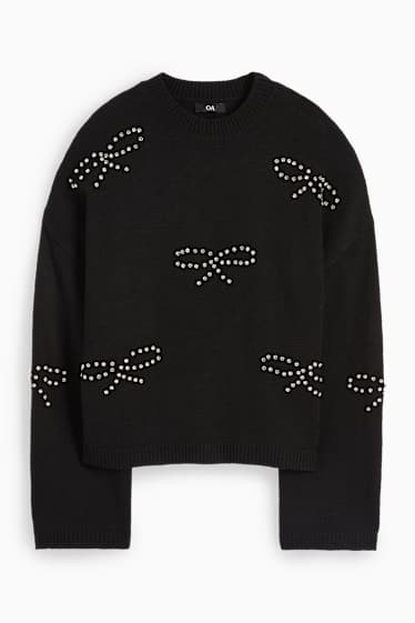 Women - Jumper with rhinestones - black