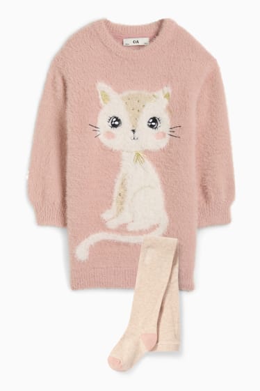 Enfants filles - Chats - ensemble - robe de maille et collants - 2 pièces - rose foncé