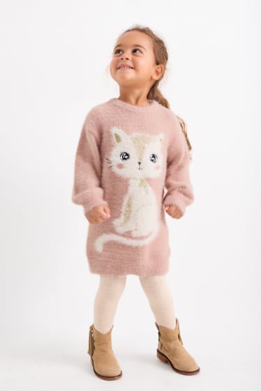Enfants filles - Chats - ensemble - robe de maille et collants - 2 pièces - rose foncé