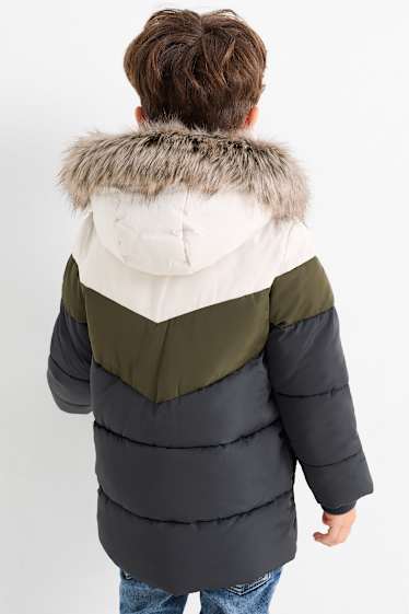 Bambini - Giacca trapuntata con cappuccio e inserto in pelo - impermeabile - blu scuro