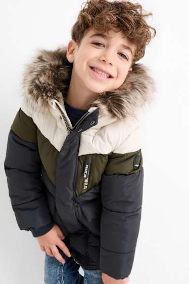 Bambini - Giacca trapuntata con cappuccio e inserto in pelo - impermeabile - blu scuro