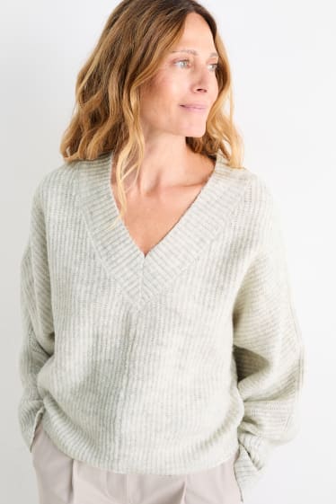 Femmes - Pull à col V - côtelé - gris clair