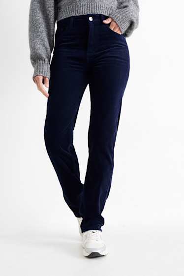 Dames - Corduroy broek - high waist - straight fit - donkerblauw
