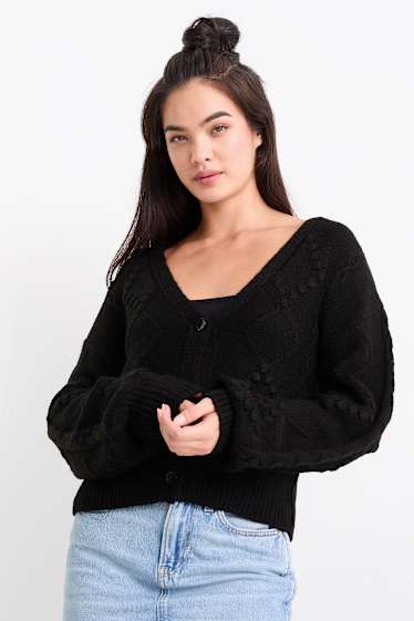 Women - Cardigan - textured - black