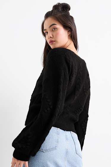 Women - Cardigan - textured - black