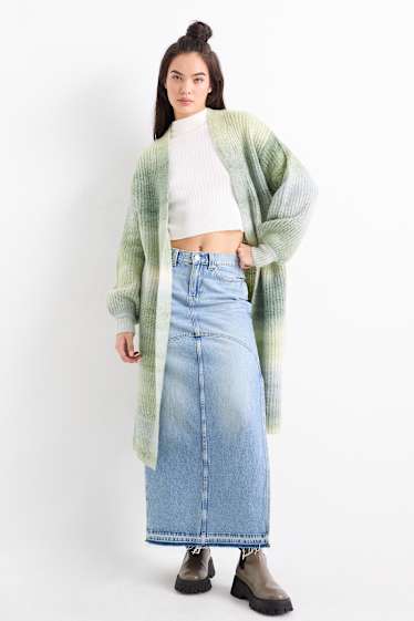 Damen - Lange Strickjacke - gerippt - gemustert - grün-melange