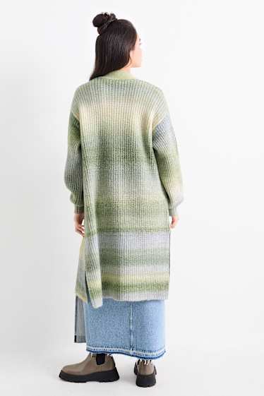 Damen - Lange Strickjacke - gerippt - gemustert - grün-melange