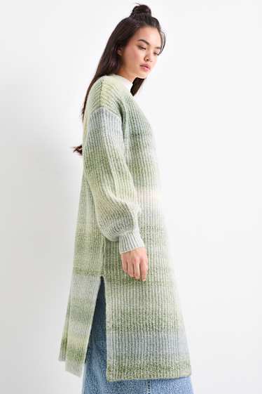 Damen - Lange Strickjacke - gerippt - gemustert - grün-melange