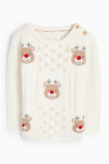 Baby Mädchen - Rudolf - Baby-Weihnachtspullover - Zopfmuster - cremefarben