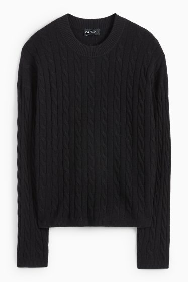 Damen - Pullover mit Kaschmir-Anteil - Woll-Mix - Zopfmuster - schwarz