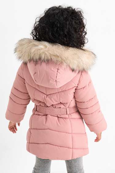 Kinder Mädchen - Steppmantel mit Kapuze, Kunstfellbesatz und Gürtel - pink