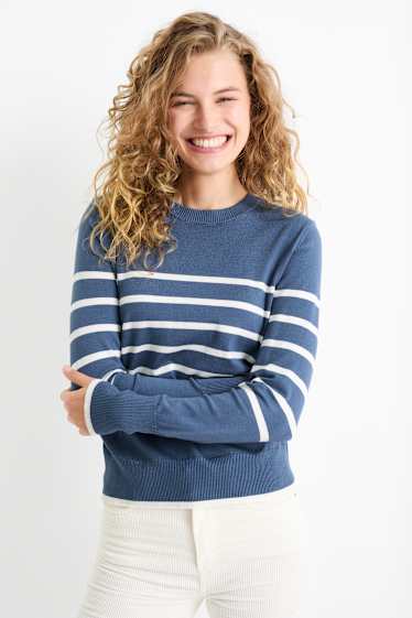 Donna - Maglione in filato lavorato a maglia fine - a righe - blu scuro