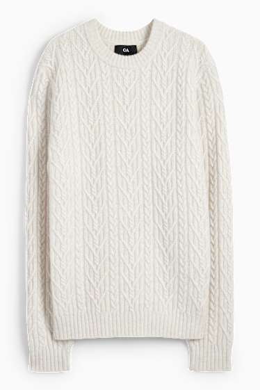 Herren - Pullover mit Kaschmir-Anteil - Woll-Mix - Zopfmuster - cremeweiß