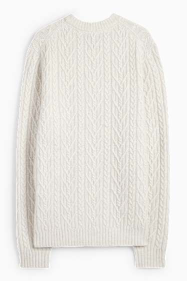 Herren - Pullover mit Kaschmir-Anteil - Woll-Mix - Zopfmuster - cremeweiß