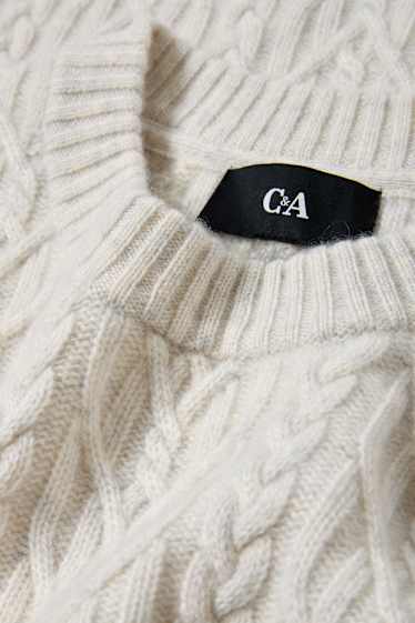 Herren - Pullover mit Kaschmir-Anteil - Woll-Mix - Zopfmuster - cremeweiß