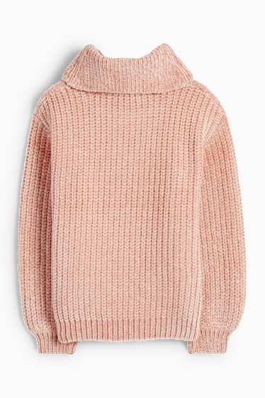 Enfants filles - Pull à col roulé en maille chenille - côtelé - motif tressé - rose foncé
