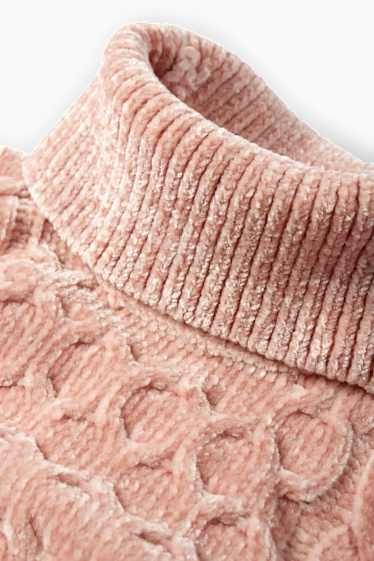 Enfants filles - Pull à col roulé en maille chenille - côtelé - motif tressé - rose foncé