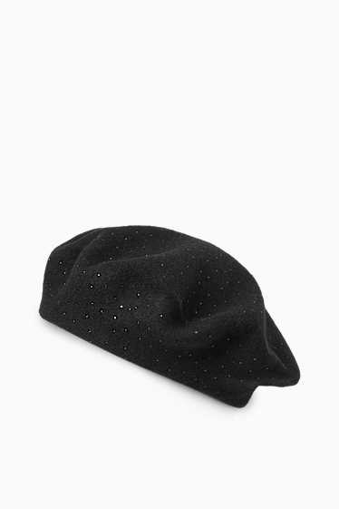 Women - Woollen beret with rhinestones - black