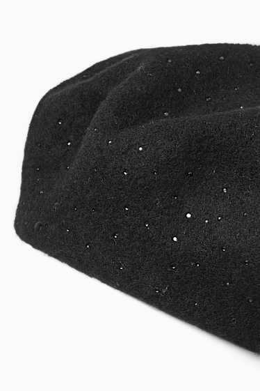 Women - Woollen beret with rhinestones - black